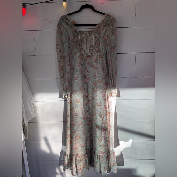 70s Vintage Gunne Sax Style Cream Pink Turquoise Floral Empire Waist Dress M - Picture 4 of 4